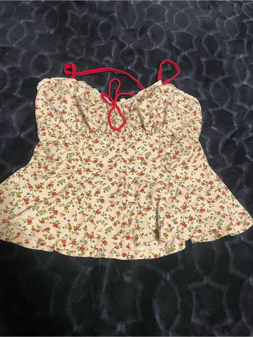 Floral Cream Peplum Cami Top with Red Ties